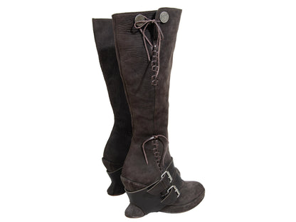 F/W 2005 Marithé + François Girbaud harness leather boots / MFG brown leather asymmetrical wedge heel tall boots / Made in Italy