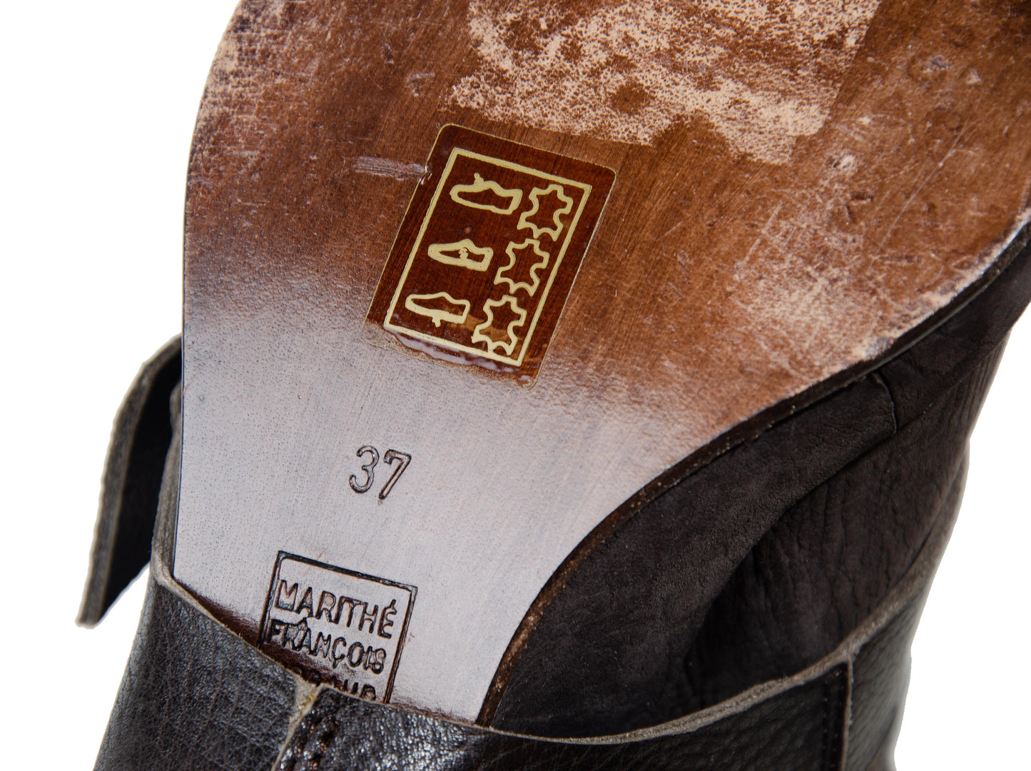 F/W 2005 Marithé + François Girbaud harness leather boots / MFG brown leather asymmetrical wedge heel tall boots / Made in Italy