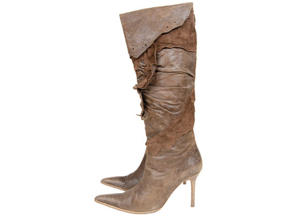 2000s Plein Sud leather patchwork pointed toe boots / Plein Sud raw edge natural leather stiletto tall boots / Made in Italy