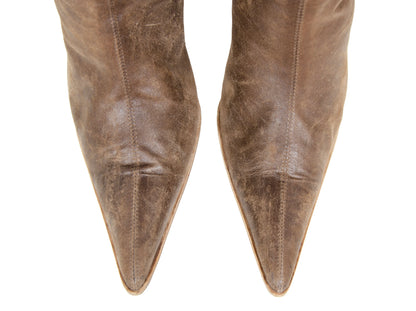 2000s Plein Sud leather patchwork pointed toe boots / Plein Sud raw edge natural leather stiletto tall boots / Made in Italy