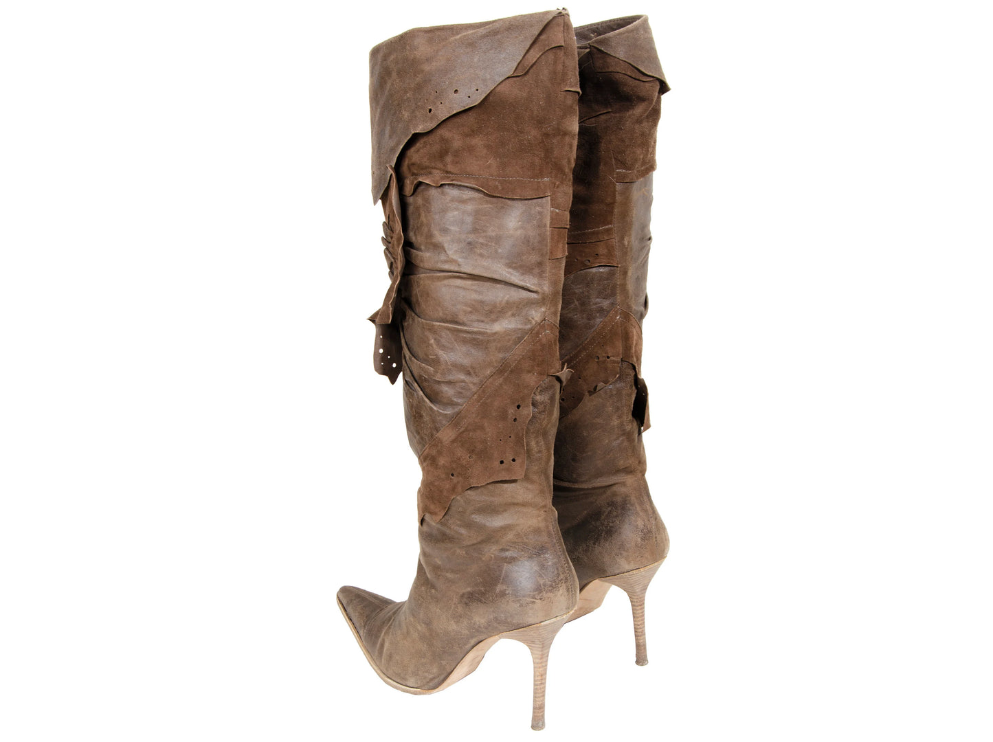 2000s Plein Sud leather patchwork pointed toe boots / Plein Sud raw edge natural leather stiletto tall boots / Made in Italy