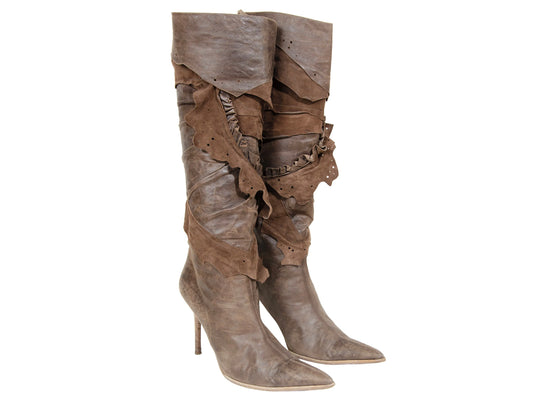 2000s Plein Sud leather patchwork pointed toe boots / Plein Sud raw edge natural leather stiletto tall boots / Made in Italy