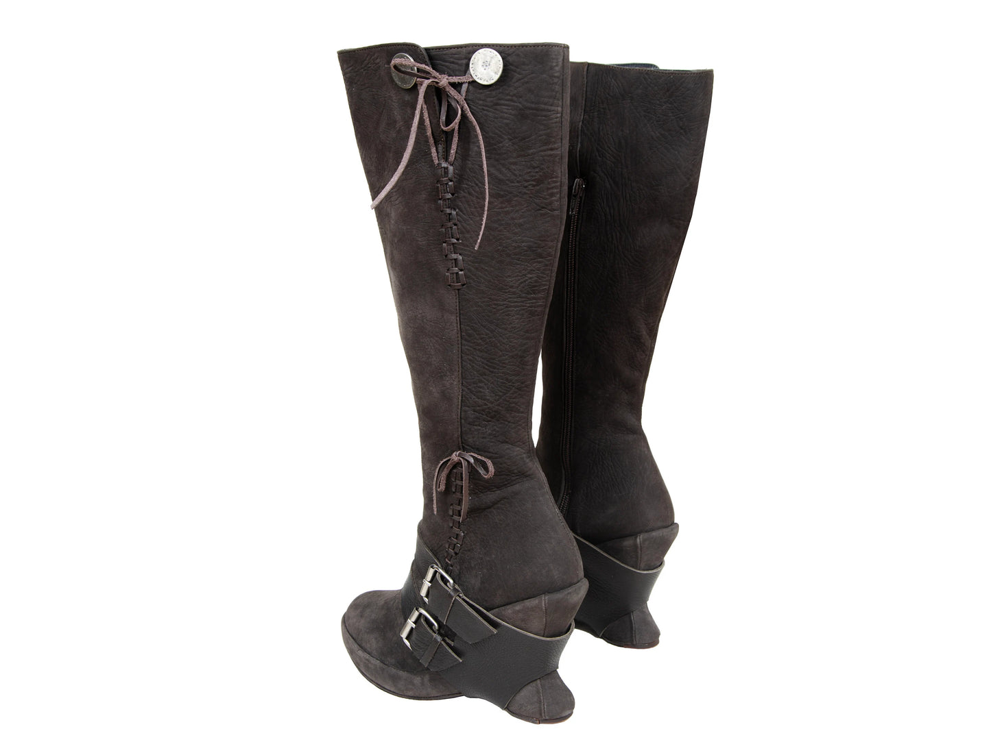 F/W 2005 Marithé + François Girbaud harness leather boots / MFG brown leather asymmetrical wedge heel tall boots / Made in Italy