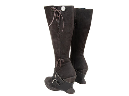 F/W 2005 Marithé + François Girbaud harness leather boots / MFG brown leather asymmetrical wedge heel tall boots / Made in Italy