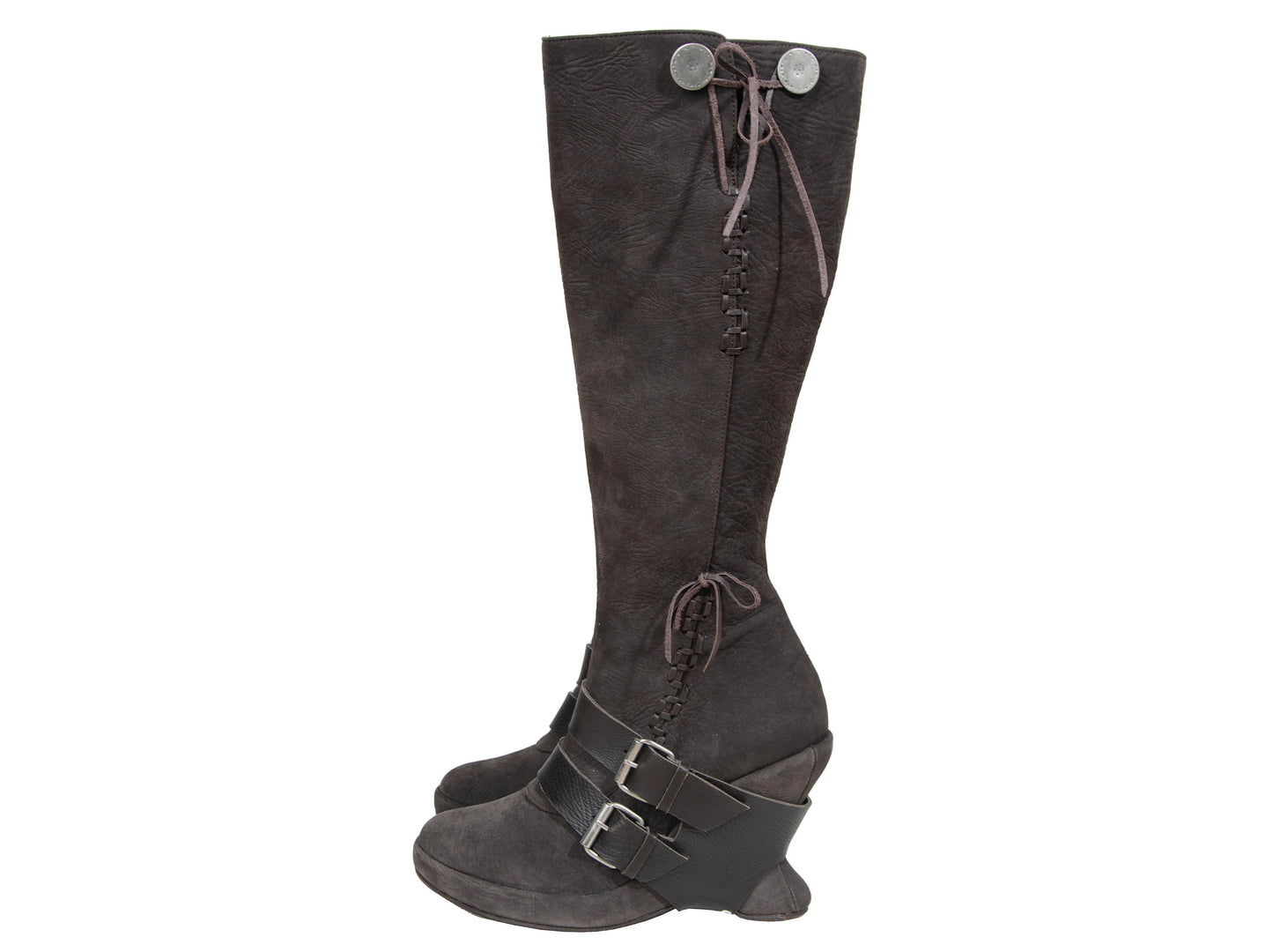 F/W 2005 Marithé + François Girbaud harness leather boots / MFG brown leather asymmetrical wedge heel tall boots / Made in Italy