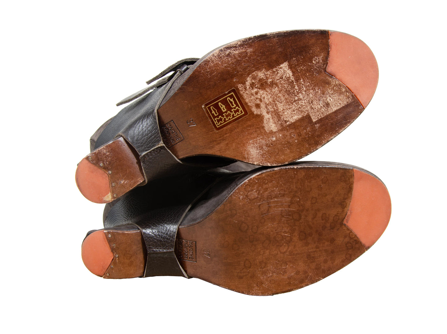 F/W 2005 Marithé + François Girbaud harness leather boots / MFG brown leather asymmetrical wedge heel tall boots / Made in Italy