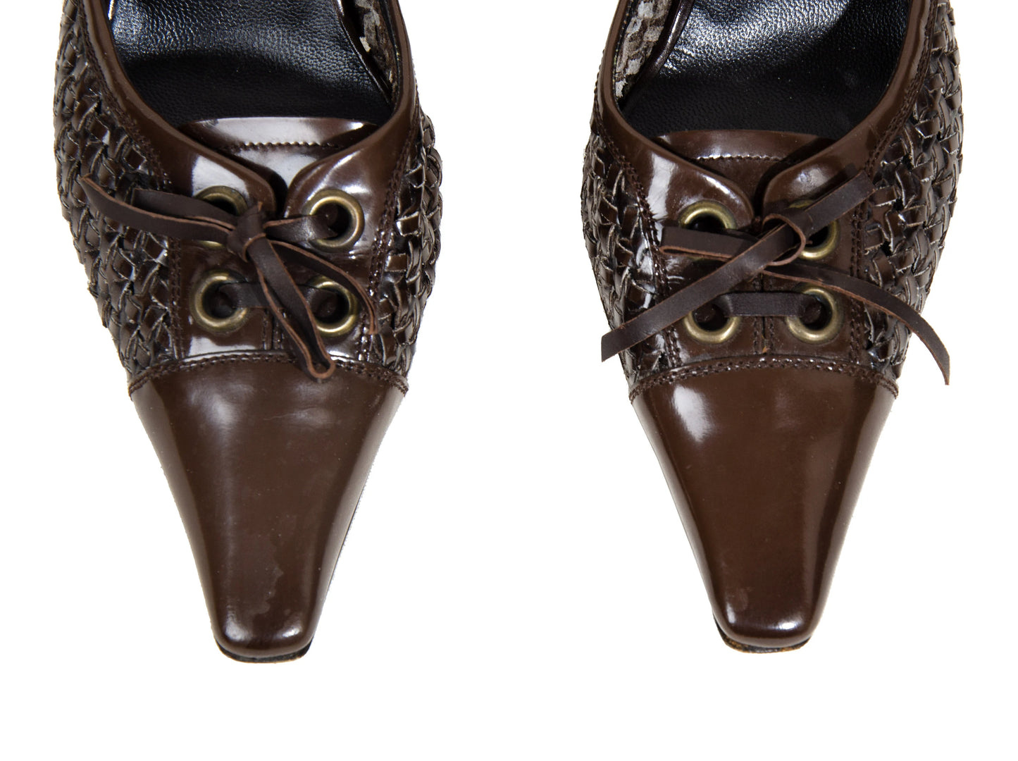 Vintage Miu Miu kitten heels brown leather open back mules / Woven leather bow details Miu Miu shoes / Made in Italy