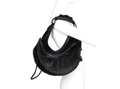 Vintage Costume National asymmetrical black leather bag / Archive Costume National half moon deer leather deformed hobo bag / Made in Italy