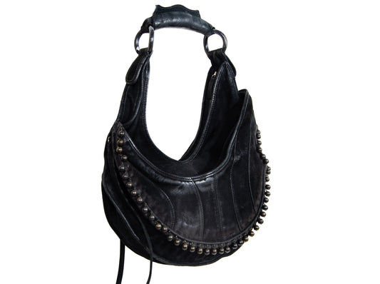 Vintage Costume National asymmetrical black leather bag / Archive Costume National half moon deer leather deformed hobo bag / Made in Italy