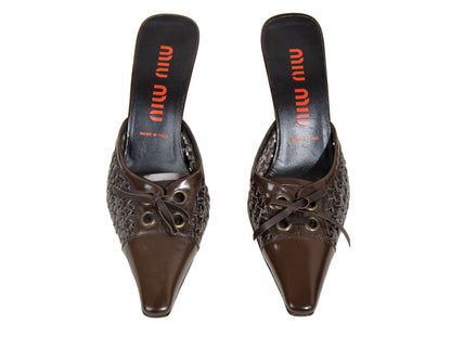 Vintage Miu Miu kitten heels brown leather open back mules / Woven leather bow details Miu Miu shoes / Made in Italy