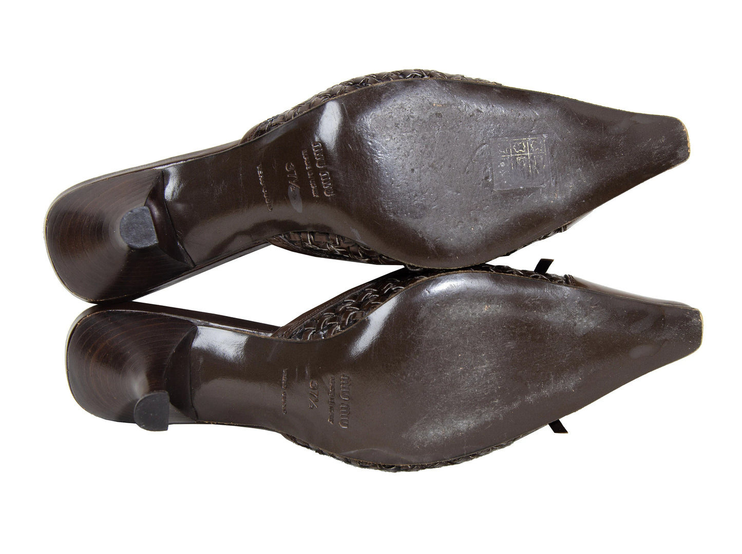 Vintage Miu Miu kitten heels brown leather open back mules / Woven leather bow details Miu Miu shoes / Made in Italy