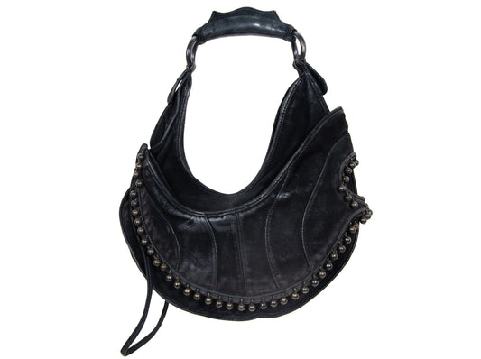 Vintage Costume National asymmetrical black leather bag / Archive Costume National half moon deer leather deformed hobo bag / Made in Italy