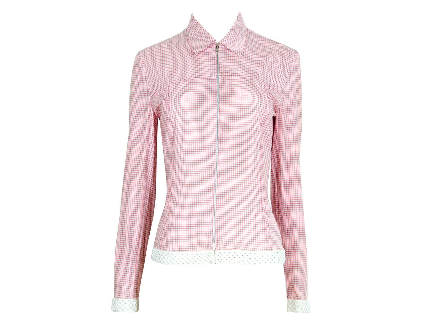 SS2000 Miu Miu zip front pink check rhinestone hem shirt / Archive Miu Miu checkered pink shirt jacket / Made in Italy