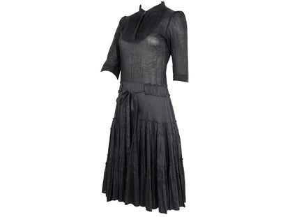 Vintage Miu Miu black cotton dress / Miu Miu puffy sleeves pleated shirt dress / Made in Italy