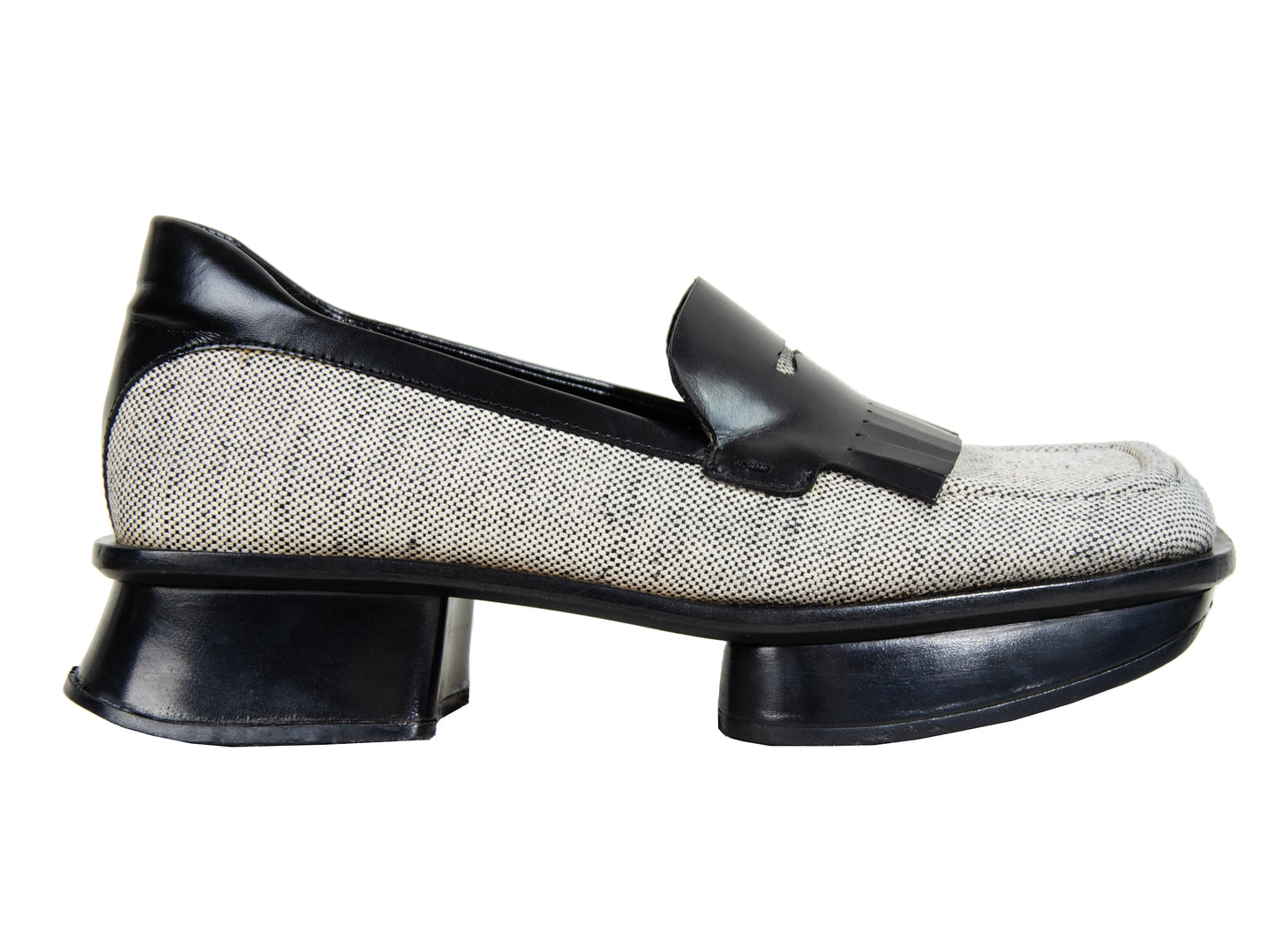 S/S 1999 Prada split sole platform loafers / 90s archive Prada tweed and leather chunky sole fringe loafers / Made in Italy