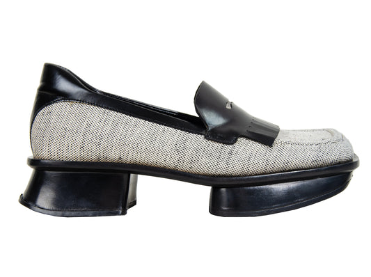 S/S 1999 Prada split sole platform loafers / 90s archive Prada tweed and leather chunky sole fringe loafers / Made in Italy