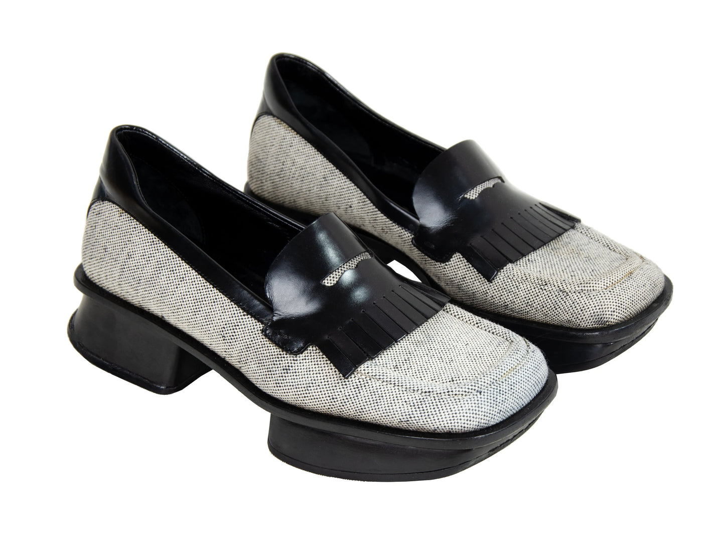 S/S 1999 Prada split sole platform loafers / 90s archive Prada tweed and leather chunky sole fringe loafers / Made in Italy