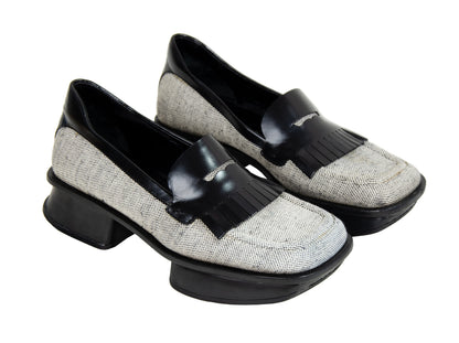 S/S 1999 Prada split sole platform loafers / 90s archive Prada tweed and leather chunky sole fringe loafers / Made in Italy