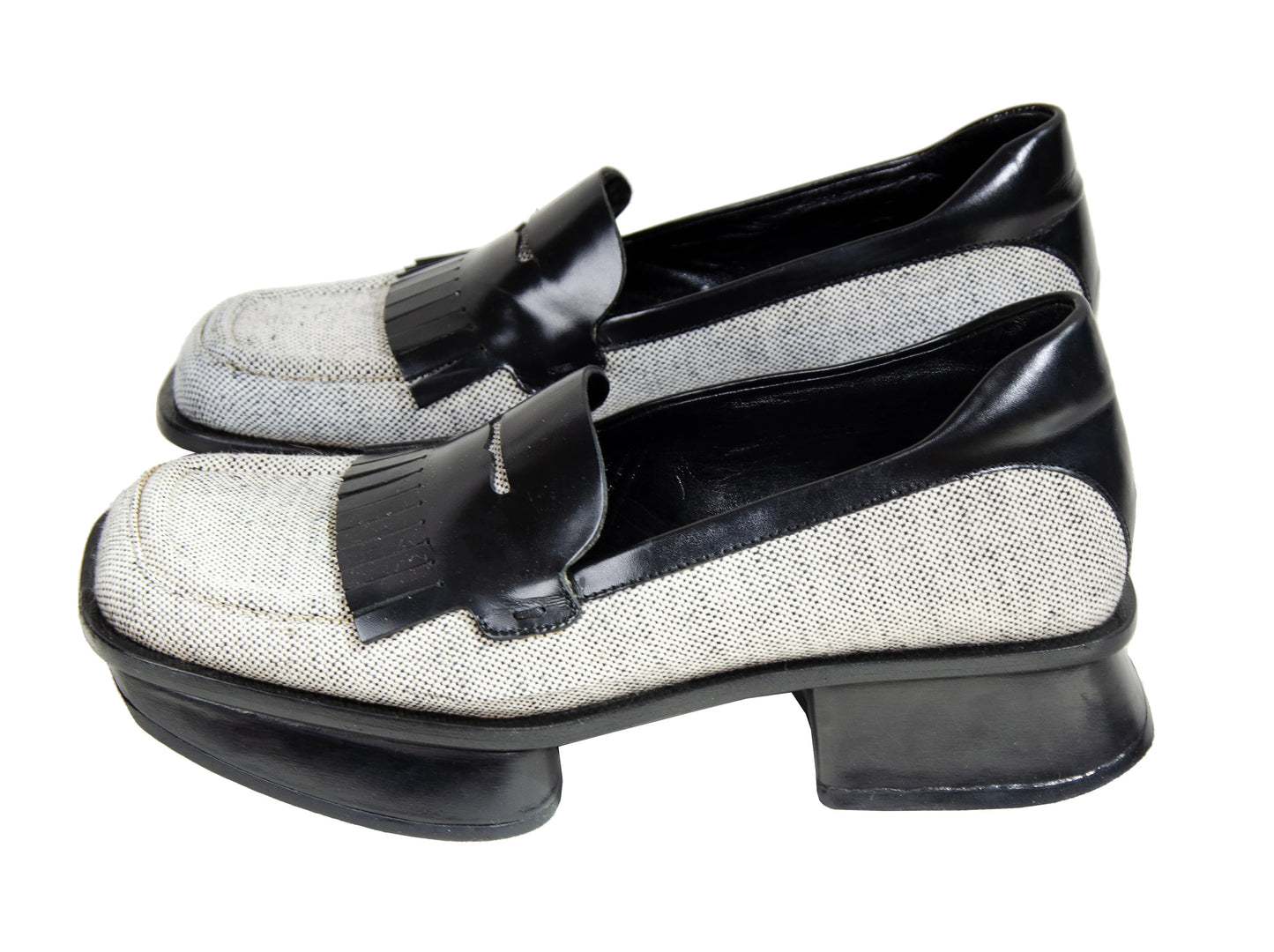 S/S 1999 Prada split sole platform loafers / 90s archive Prada tweed and leather chunky sole fringe loafers / Made in Italy