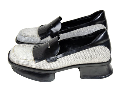 S/S 1999 Prada split sole platform loafers / 90s archive Prada tweed and leather chunky sole fringe loafers / Made in Italy