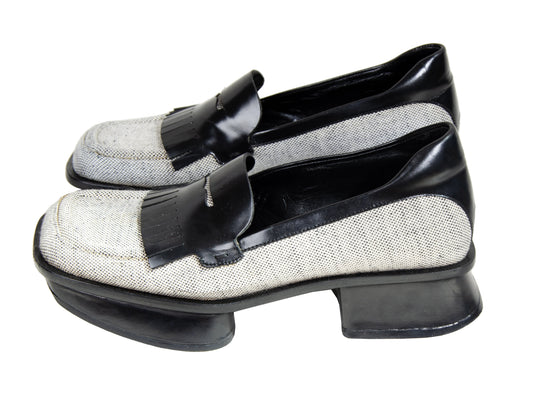 S/S 1999 Prada split sole platform loafers / 90s archive Prada tweed and leather chunky sole fringe loafers / Made in Italy