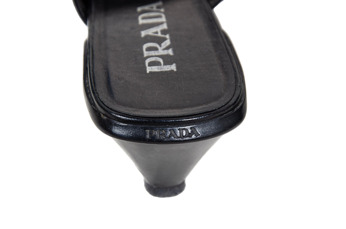 90s Prada kitten heels black leather open back mules / Vintage metal o ring buckle Prada low heel sandals / Made in Italy