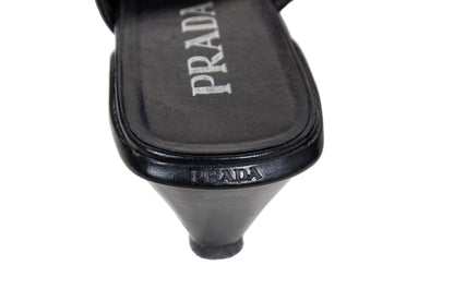 90s Prada kitten heels black leather open back mules / Vintage metal o ring buckle Prada low heel sandals / Made in Italy