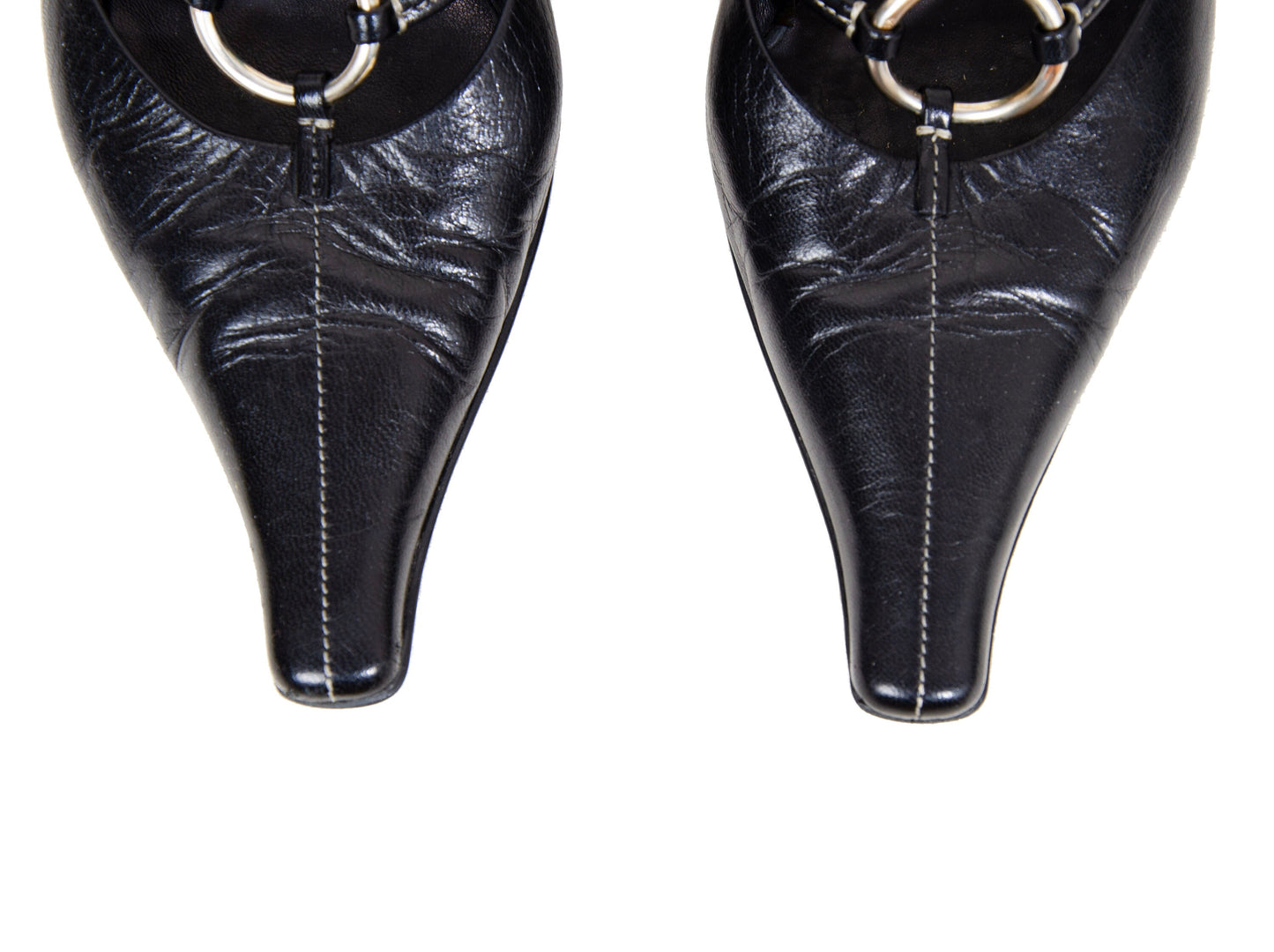 90s Prada kitten heels black leather open back mules / Vintage metal o ring buckle Prada low heel sandals / Made in Italy