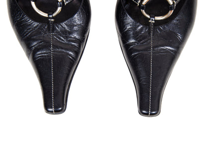 90s Prada kitten heels black leather open back mules / Vintage metal o ring buckle Prada low heel sandals / Made in Italy