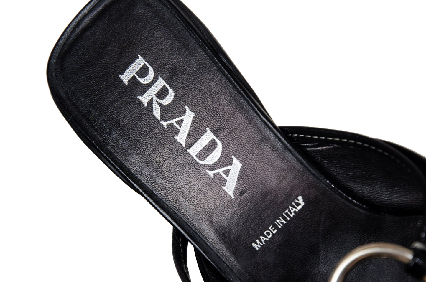 90s Prada kitten heels black leather open back mules / Vintage metal o ring buckle Prada low heel sandals / Made in Italy