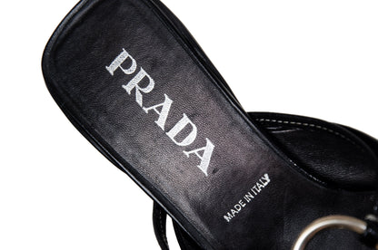 90s Prada kitten heels black leather open back mules / Vintage metal o ring buckle Prada low heel sandals / Made in Italy