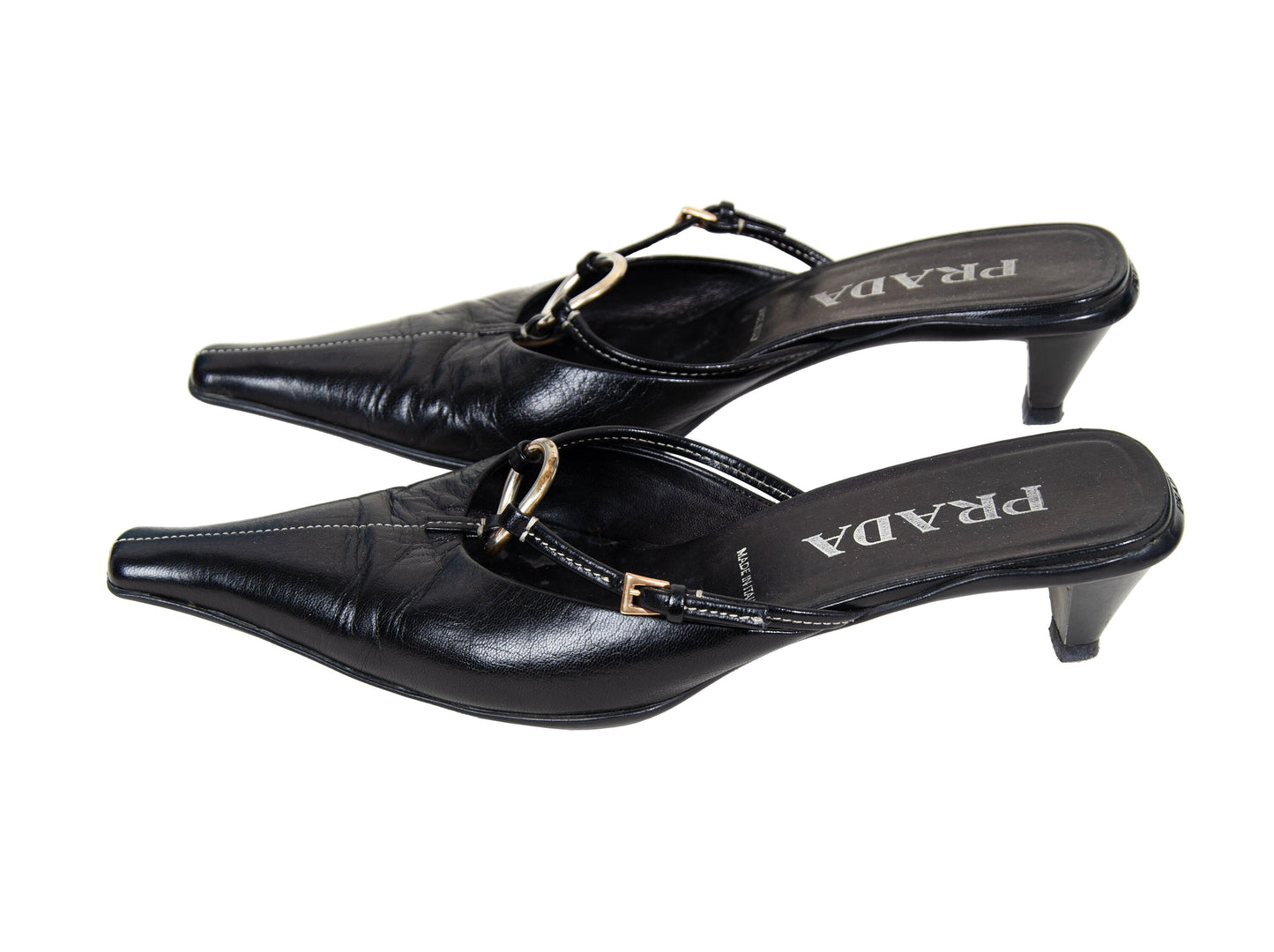 90s Prada kitten heels black leather open back mules / Vintage metal o ring buckle Prada low heel sandals / Made in Italy