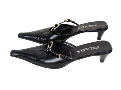 90s Prada kitten heels black leather open back mules / Vintage metal o ring buckle Prada low heel sandals / Made in Italy