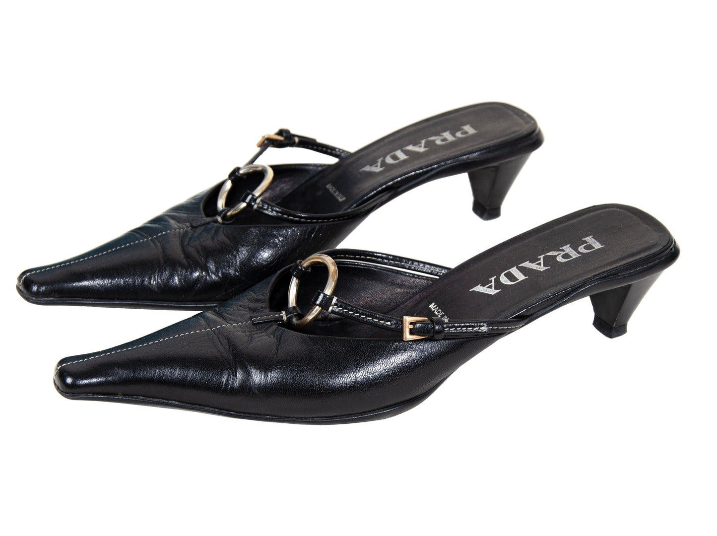 90s Prada kitten heels black leather open back mules / Vintage metal o ring buckle Prada low heel sandals / Made in Italy