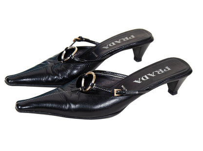 90s Prada kitten heels black leather open back mules / Vintage metal o ring buckle Prada low heel sandals / Made in Italy