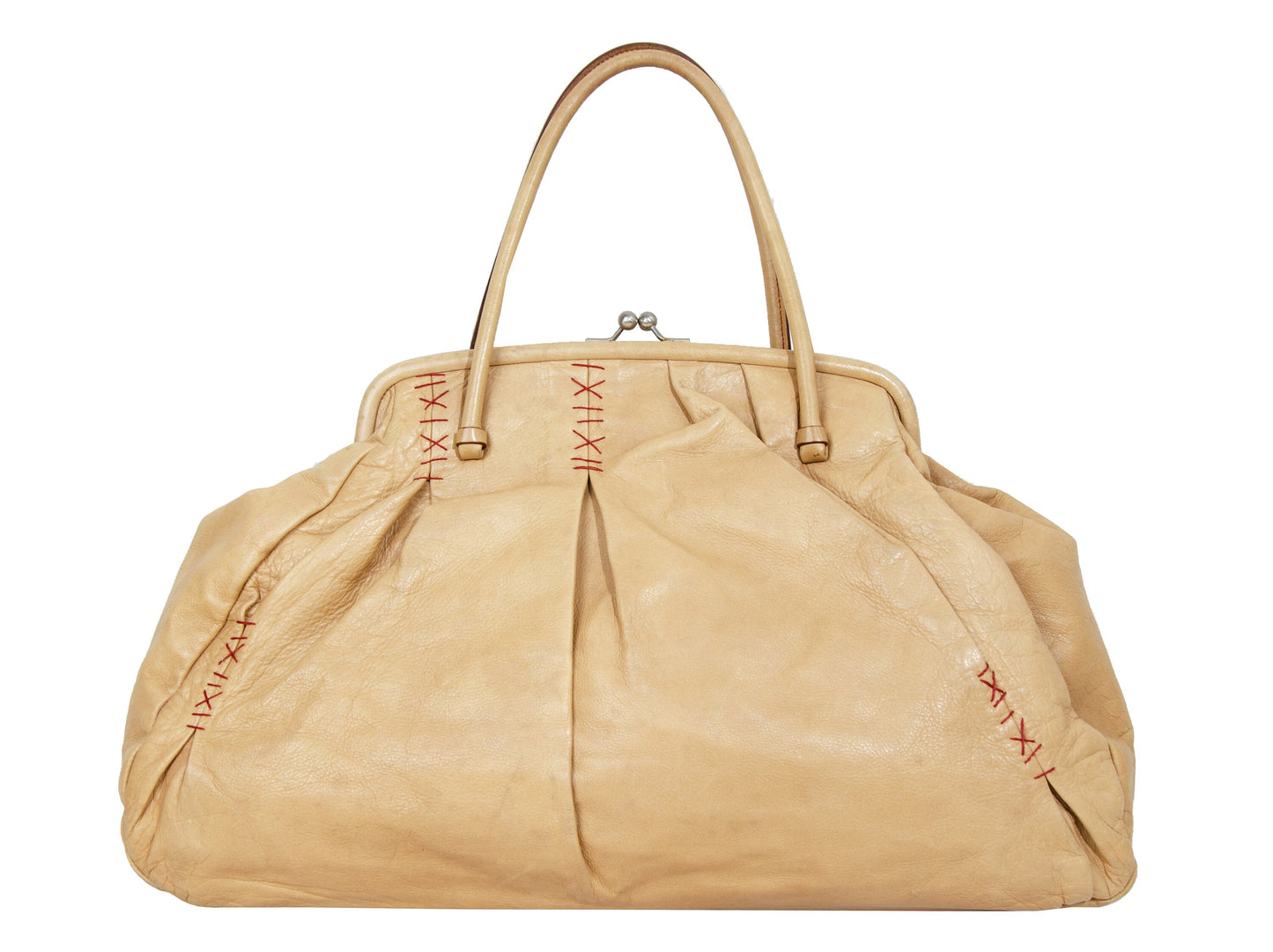 F/W 2000 Miu Miu beige leather exposed stitching kiss lock slouchy doctor bag