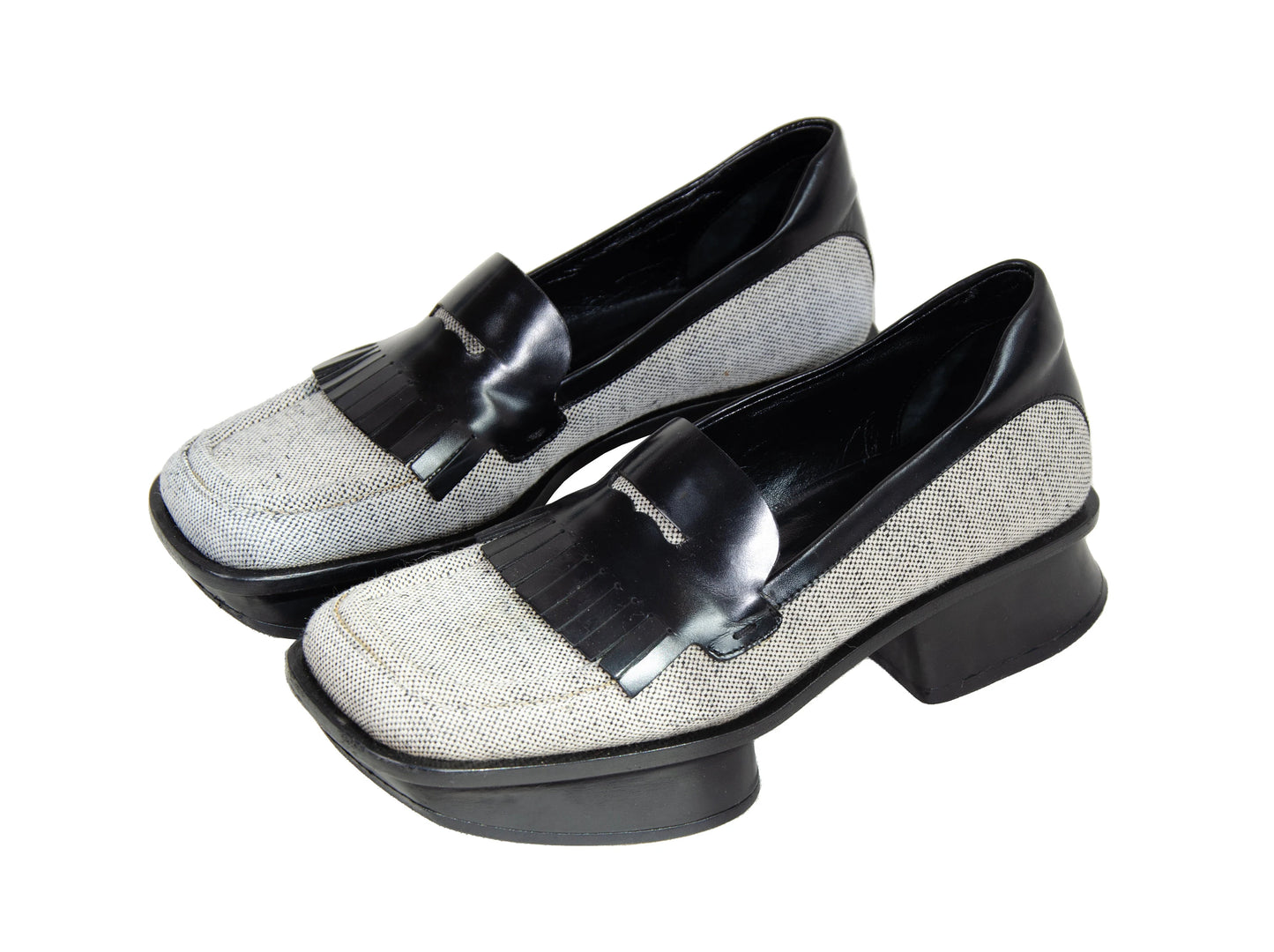 S/S 1999 Prada split sole platform loafers / 90s archive Prada tweed and leather chunky sole fringe loafers / Made in Italy