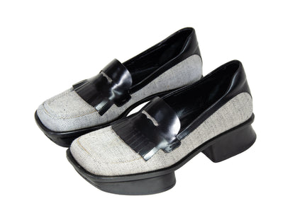 S/S 1999 Prada split sole platform loafers / 90s archive Prada tweed and leather chunky sole fringe loafers / Made in Italy