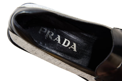 S/S 1999 Prada split sole platform loafers / 90s archive Prada tweed and leather chunky sole fringe loafers / Made in Italy
