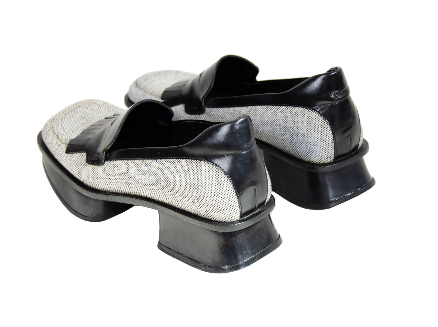S/S 1999 Prada split sole platform loafers / 90s archive Prada tweed and leather chunky sole fringe loafers / Made in Italy