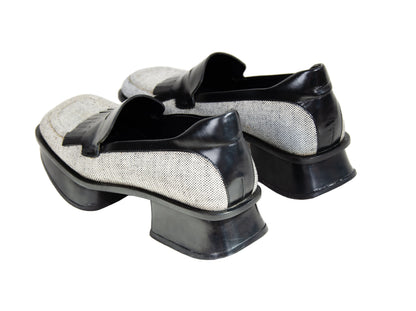S/S 1999 Prada split sole platform loafers / 90s archive Prada tweed and leather chunky sole fringe loafers / Made in Italy