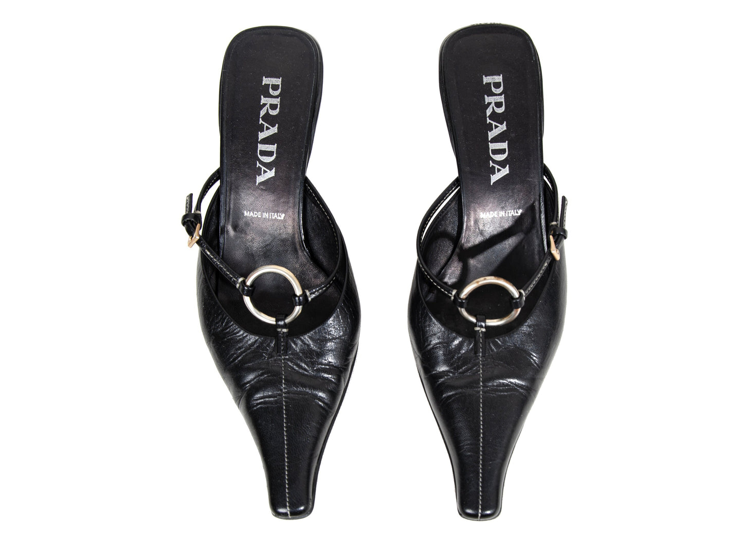 90s Prada kitten heels black leather open back mules / Vintage metal o ring buckle Prada low heel sandals / Made in Italy