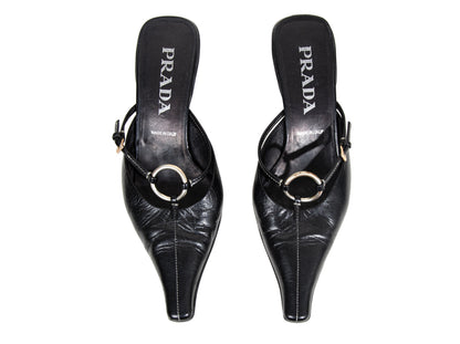 90s Prada kitten heels black leather open back mules / Vintage metal o ring buckle Prada low heel sandals / Made in Italy
