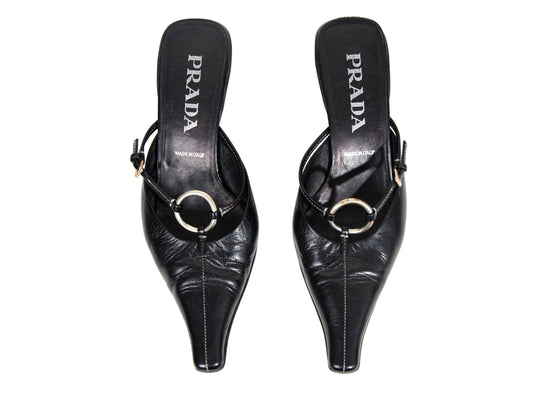 90s Prada kitten heels black leather open back mules / Vintage metal o ring buckle Prada low heel sandals / Made in Italy