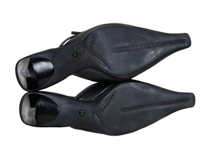 90s Prada kitten heels black leather open back mules / Vintage metal o ring buckle Prada low heel sandals / Made in Italy