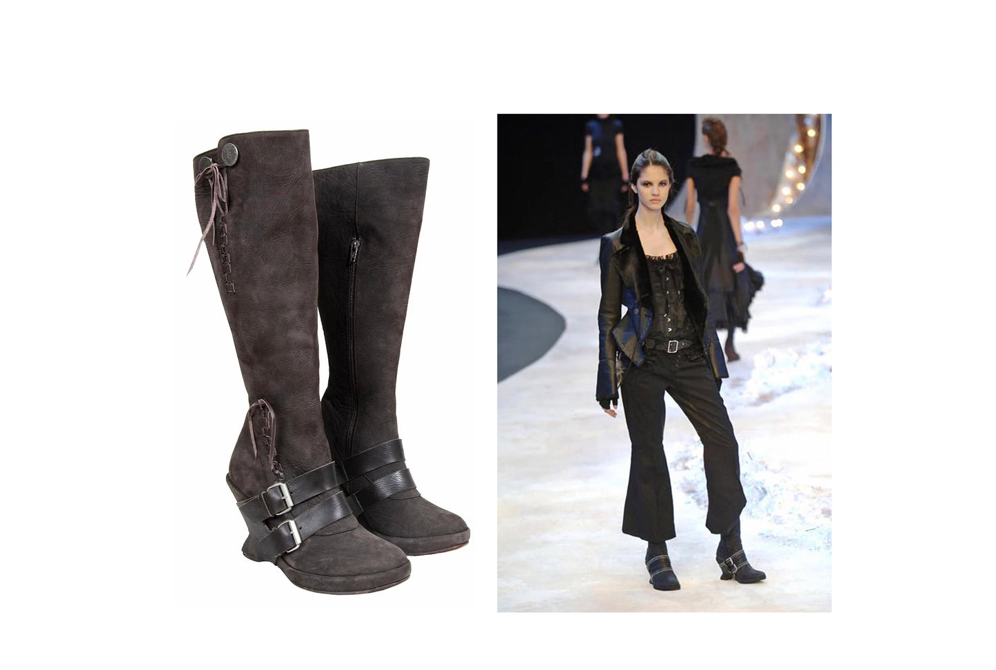 F/W 2005 Marithé + François Girbaud harness leather boots / MFG brown leather asymmetrical wedge heel tall boots / Made in Italy