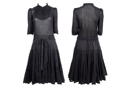 Vintage Miu Miu black cotton dress / Miu Miu puffy sleeves pleated shirt dress / Made in Italy