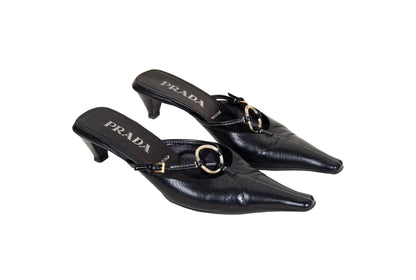 90s Prada kitten heels black leather open back mules / Vintage metal o ring buckle Prada low heel sandals / Made in Italy