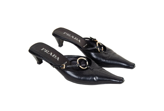 90s Prada kitten heels black leather open back mules / Vintage metal o ring buckle Prada low heel sandals / Made in Italy
