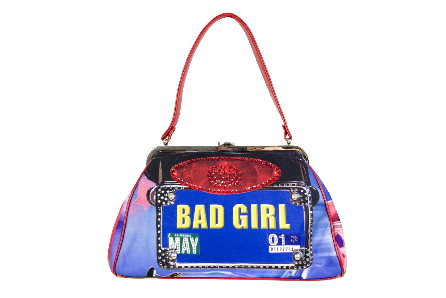 Isabella Fiore "Bad Girl" rhinestones license plate all over print metal clasp bag / Made in Italy